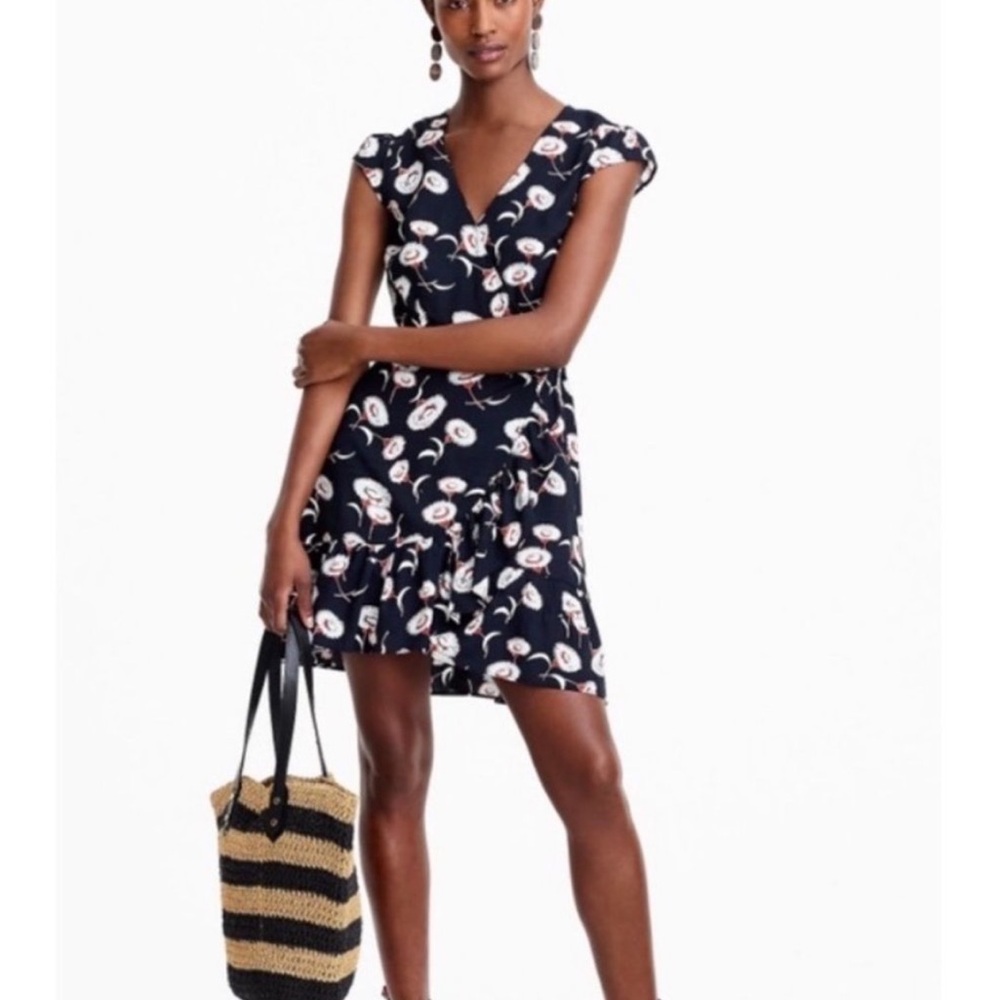 J. Crew Navy Floral Faux Wrap Ruffle Dress Size 8 - Picture 1 of 7